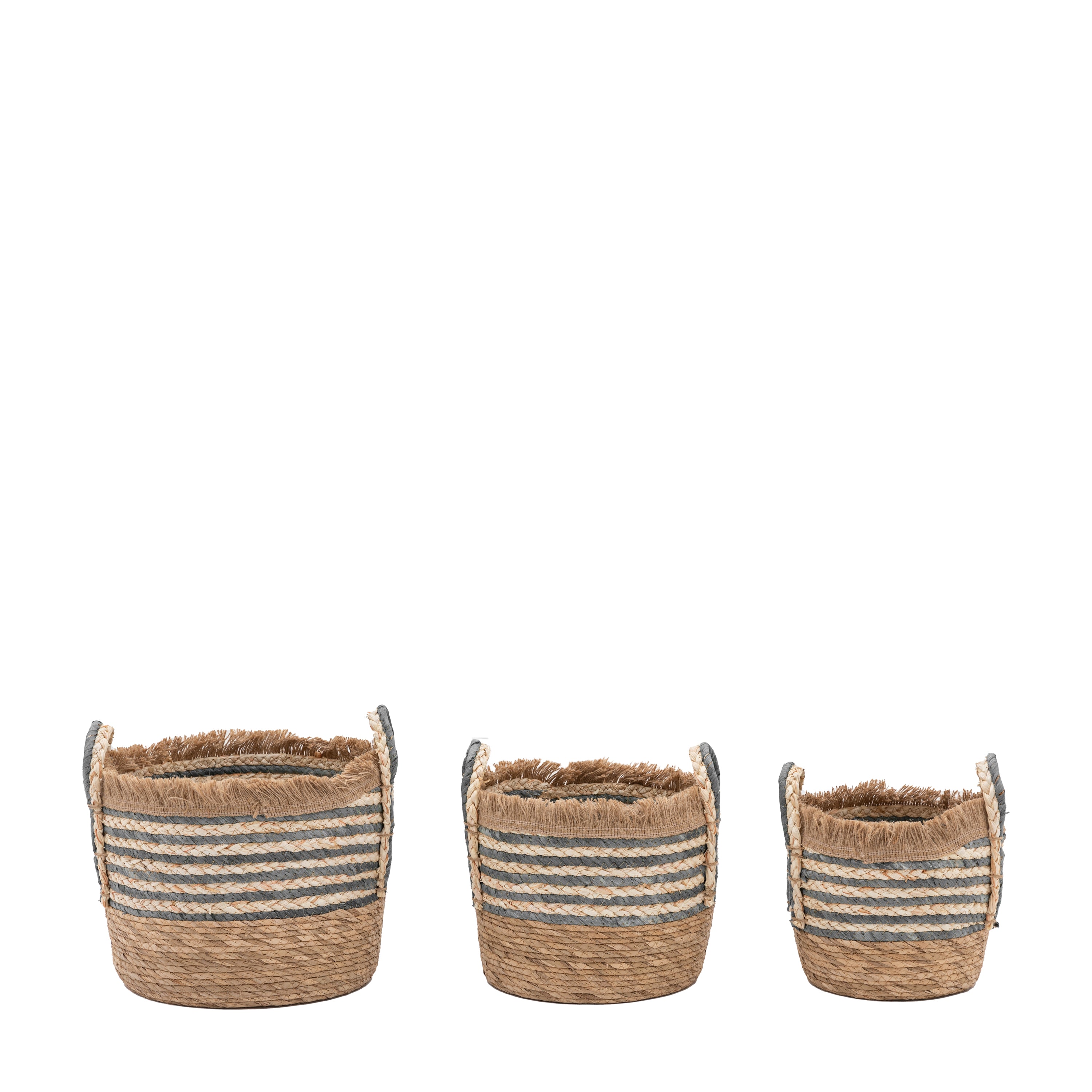 Set of 3 Fringed Woven Baskets Ink Stripe
